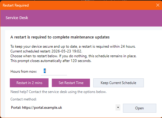 Interactive reboot scheduling prompt shown to users